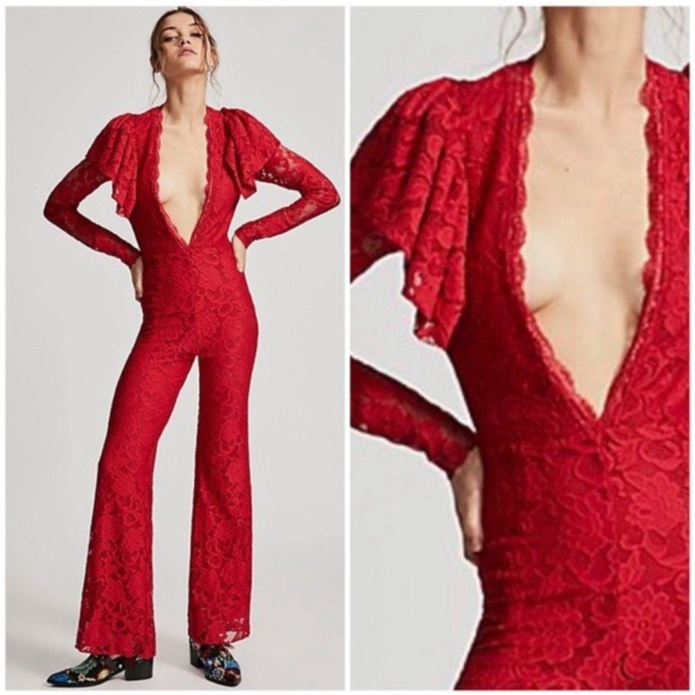Free People XS Adeline Jumpsuit Lace Red Ruffle Flare Leg Boho Festival Y2K